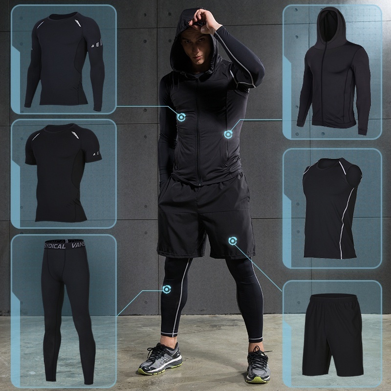 Bộ Đồ Thể Thao 6 Món Áo Thun Ôm Dáng Chống Trầy Phối Quần Legging Cá Tính Cho Nam
