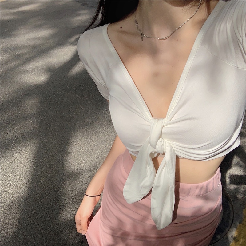 Áo Croptop Tay Ngắn Cột Dây Thời Trang Mùa Hè Xinh Xắn Cho Nữ
