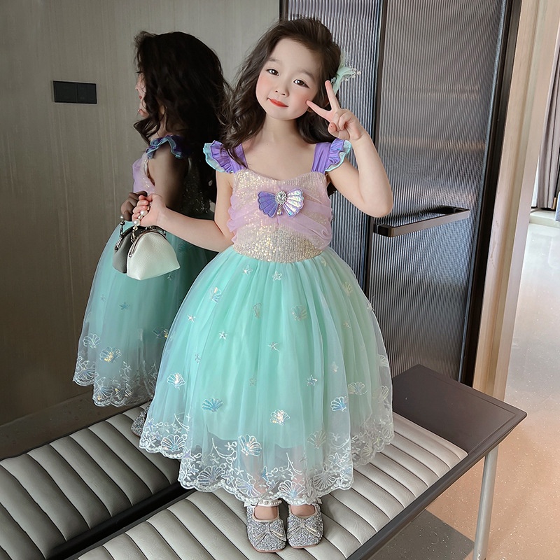 Đầm Công Chúa Tiên Cá Đính Kim Sa Phối Lưới Thời Trang Cho Bé Gái