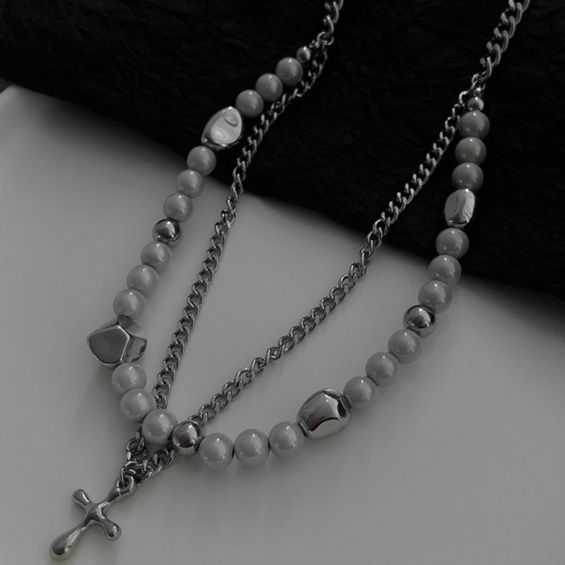 Vòng cổ Đôi Mặt Thánh Giá Đính Ngọc Trai Phong Cách Hip Hop Hàn Quốc