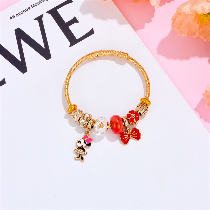 XiaoboACC Stainless Steel Gold Bowknot Bracelets Women Fashion Cartoon Mickey Minnie Charm Beads Bagnles