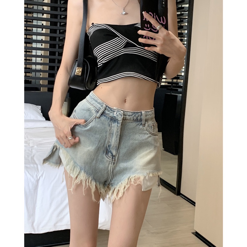 Quần Short Denim Dáng Chữ a Phối Rách Thời Trang Mùa Hè Năng Động