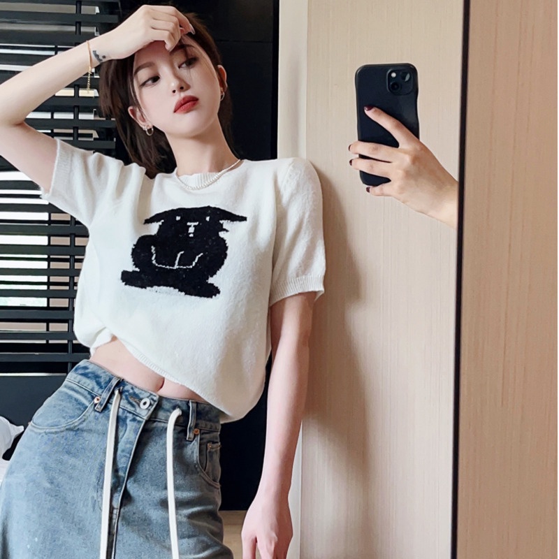 Knitted short-sleeved T-shirt RENJIANVSHENG summer simple top