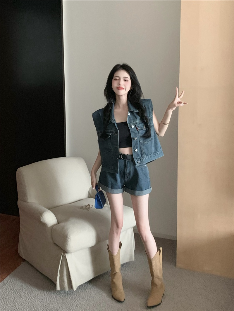 Set Áo Denim Không Tay + Quần Short Thiết Kế Mới Năng Động Thời Trang