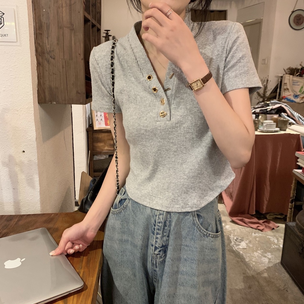 Áo Thun Ngắn Tay Cổ Chữ v Cài Nút Kim Loại Phong Cách Hàn Quốc Thời Trang Xuân Hè 62963