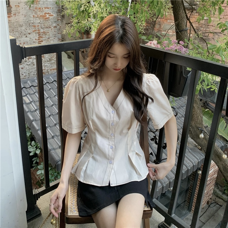 Áo Sơ Mi Hàn Quốc Cổ Chữ v Ngắn Tay Mùa Hè Kiểu Mới 64023