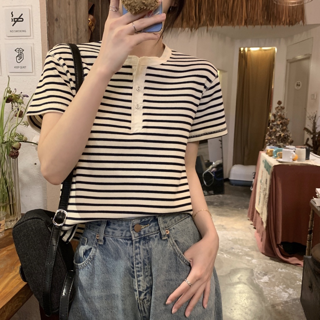 Áo Thun Kẻ Sọc Dáng Rộng Ngắn Tay Phối Nút Phong Cách Hàn Quốc Thời Trang Mùa Hè 64641