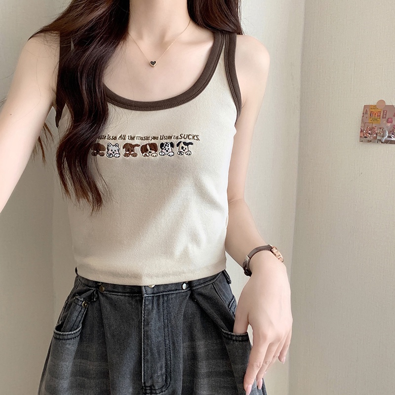 Áo Hai Dây Thêu Họa Tiết Màu Sắc Tương Phản Phong Cách Retro Mỹ 65110