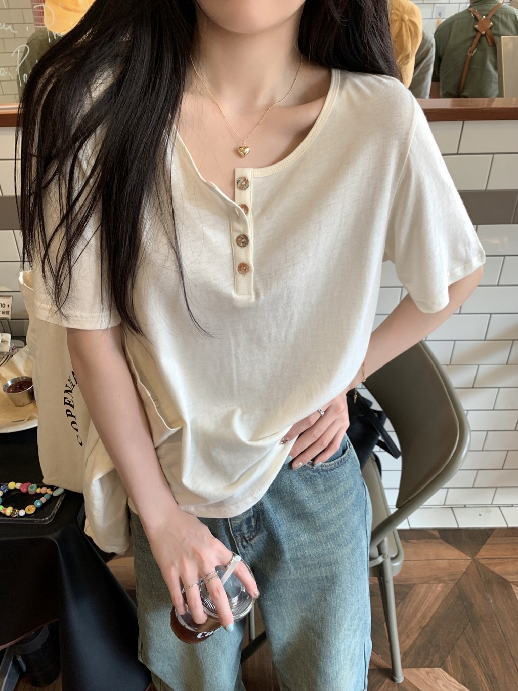 Áo Thun Trơn Dáng Rộng Ngắn Tay Phối Nút Phong Cách Hàn Quốc Thời Trang Mùa Hè 65194