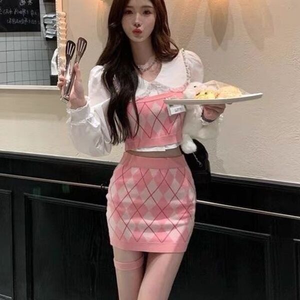 Váy Jmshop , Áo Khoác Dệt Kim+ Váy,  Phong Cách Học Viện, trẻ trung, váy nữ