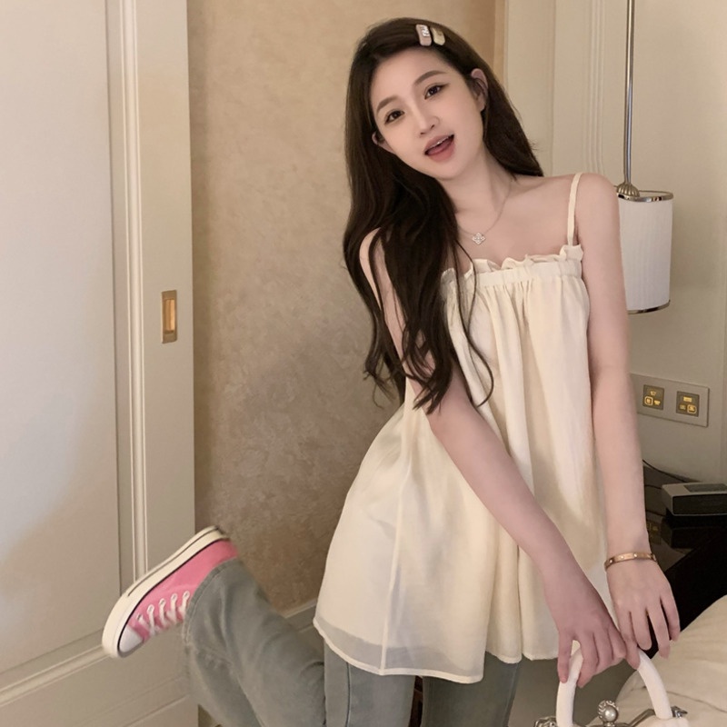 Áo Voan Hai Dây Không Tay Viền Gỗ Kiểu Dáng Ngọt Ngào Nữ Tính