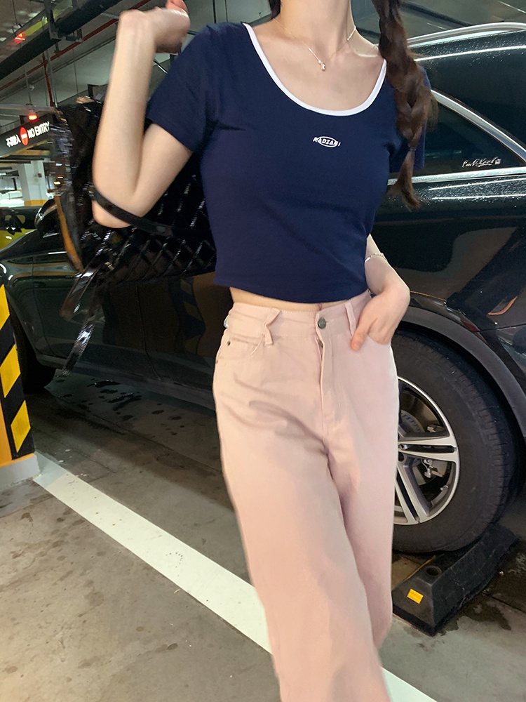 Áo Thun Dáng Ngắn In Chữ Nhỏ Phối Màu Sắc Tương Phản Thời Trang 62584