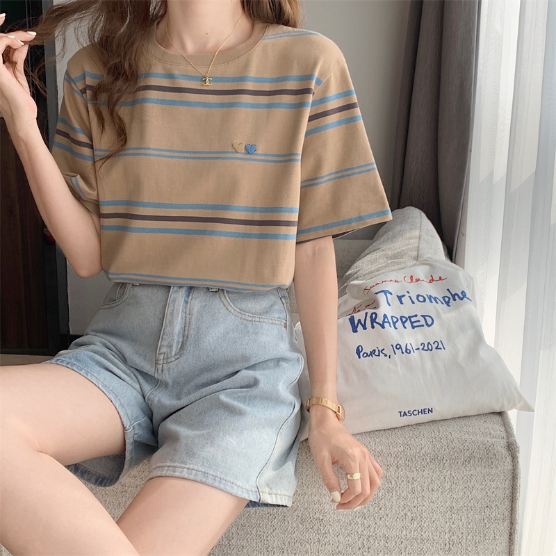 Áo Thun Tay Ngắn Cổ Tròn Thêu Họa Tiết Trái Tim Phối Màu Tương Phản Thời Trang Xuân Hè Hàng Mới 63972