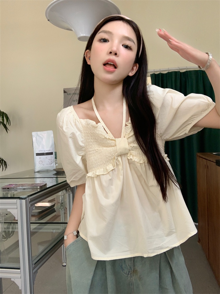 Áo Sơ Mi Cổ Thắt Nơ Dáng Rộng Ngắn Tay Thời Trang Sành Điệu 64845