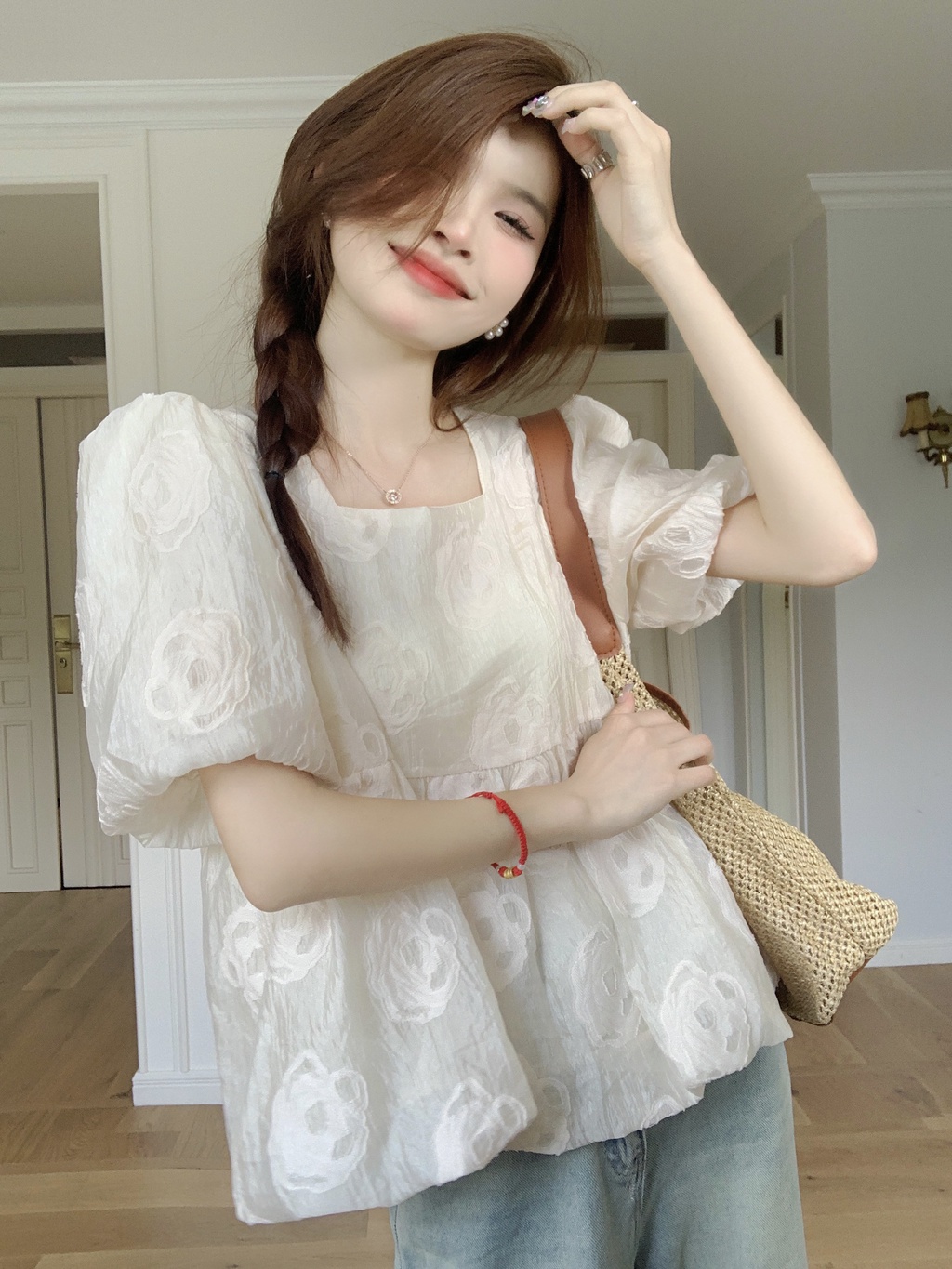 Áo Sơ Mi Cổ Vuông Ngắn Tay Dáng Rộng Màu Sắc Đơn Giản 65240