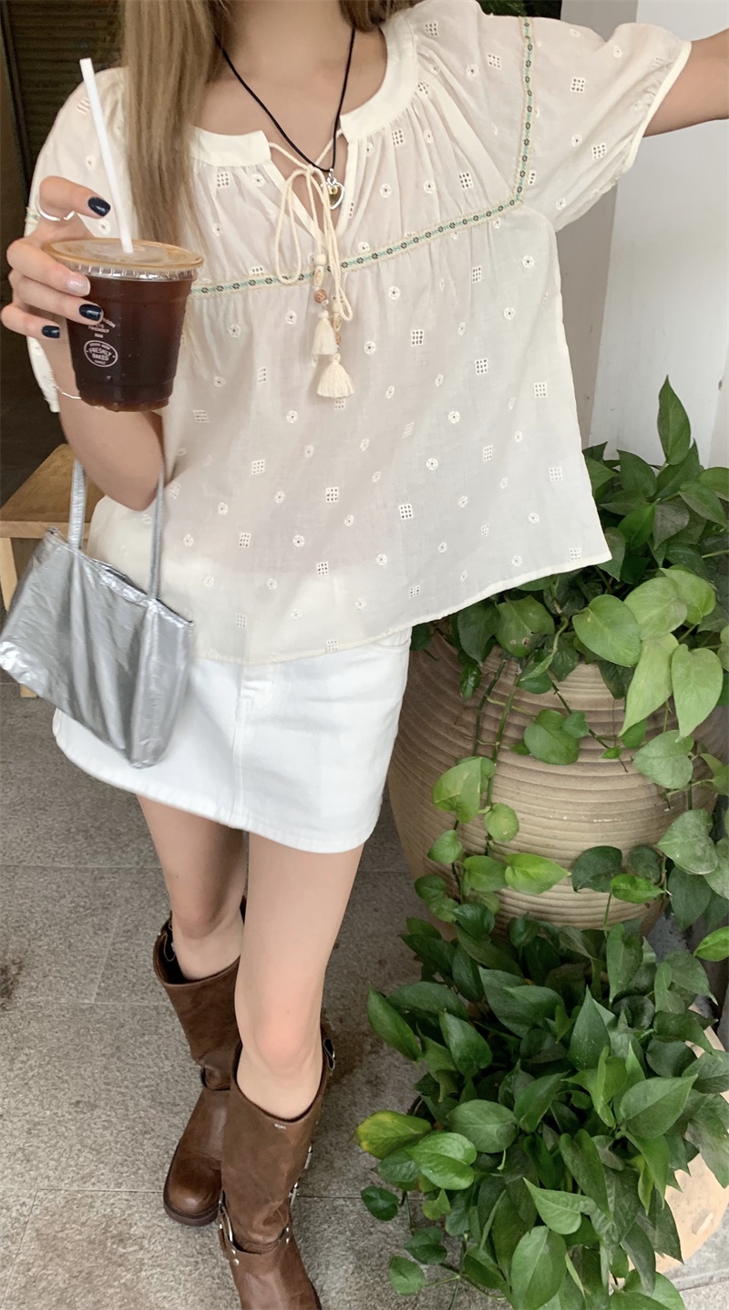 Áo Sơ Mi Ngắn Tay Thắt Dây Thêu Họa Tiết Phong Cách Mới Mùa Hè 65409