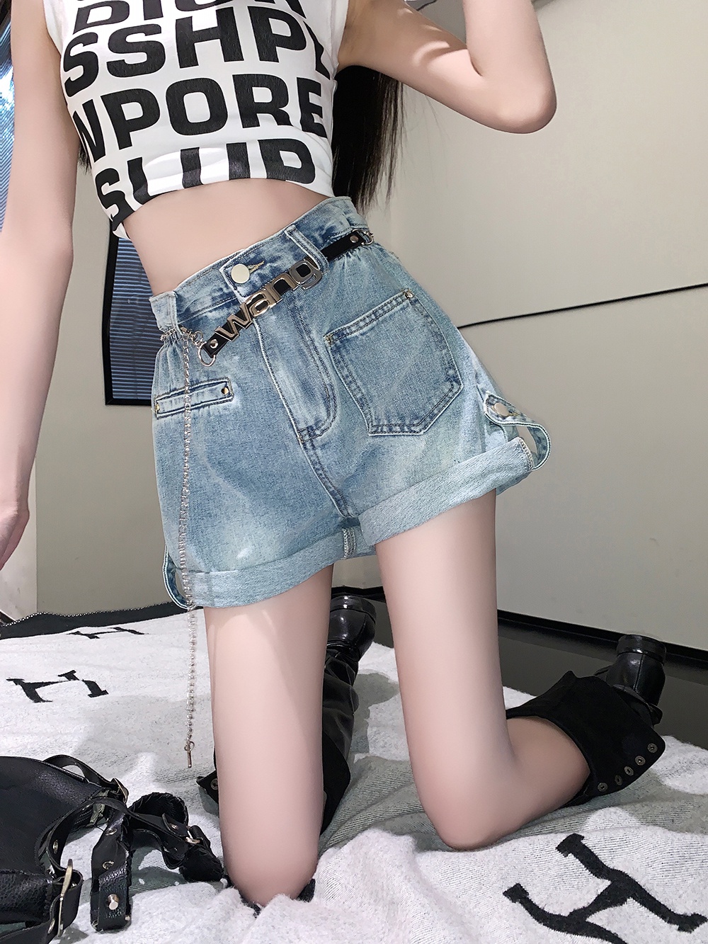 Quần Short Denim Ống Rộng Lưng Cao Co Giãn Phong Cách Mới Mùa Hè 64802