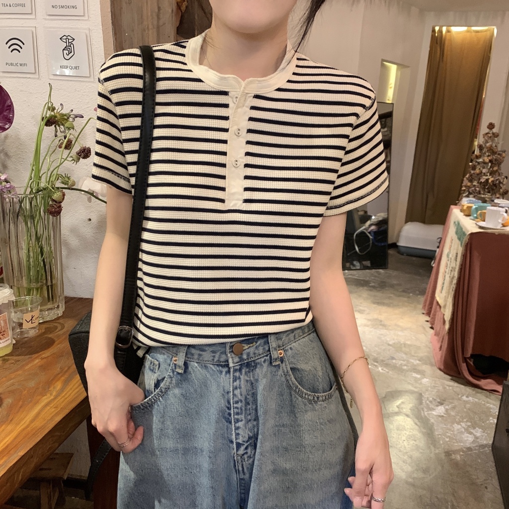 Áo Thun Kẻ Sọc Dáng Rộng Ngắn Tay Phối Nút Phong Cách Hàn Quốc Thời Trang Mùa Hè 64641