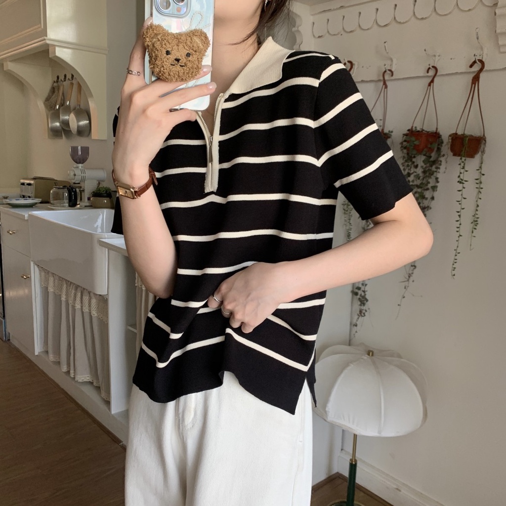 Áo polo Dệt Kim Kẻ Sọc Dáng Rộng Ngắn Tay Phối Khóa Kéo Thời Trang Mùa Xuân Hàn Quốc 62208