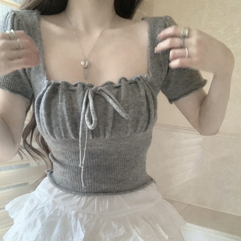 Áo Len Tay Ngắn Cổ Vuông Dáng Ôm Thời Trang Cho Nữ