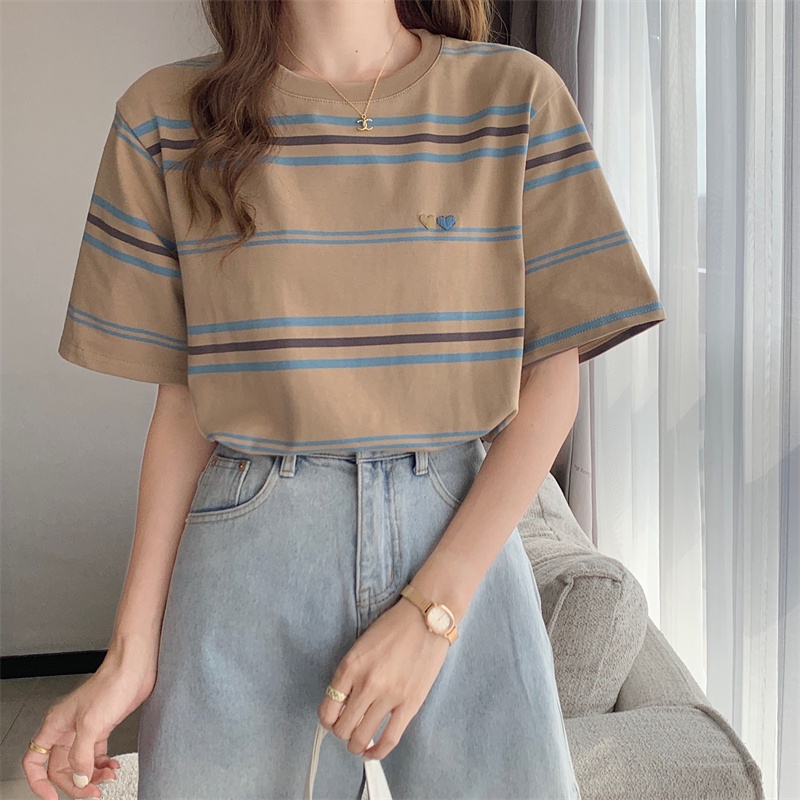 Áo Thun Tay Ngắn Cổ Tròn Thêu Họa Tiết Trái Tim Phối Màu Tương Phản Thời Trang Xuân Hè Hàng Mới 63972