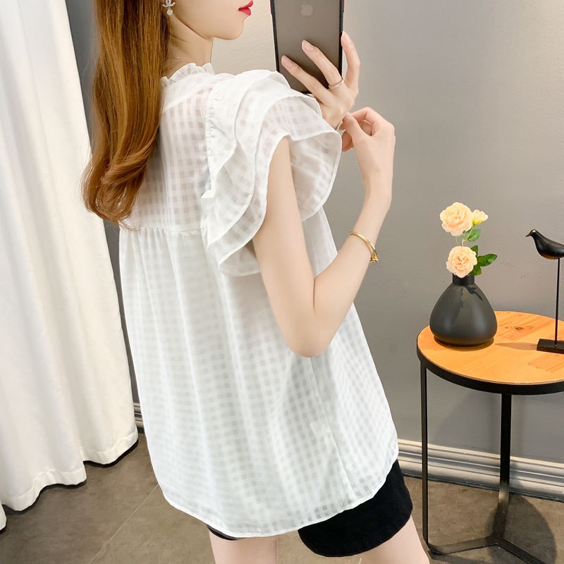 Áo Sơ Mi chiffon Tay Ngắn Dáng Rộng Họa Tiết Kẻ Sọc Thời Trang Mùa Hè 2022 Mới Cho Nữ