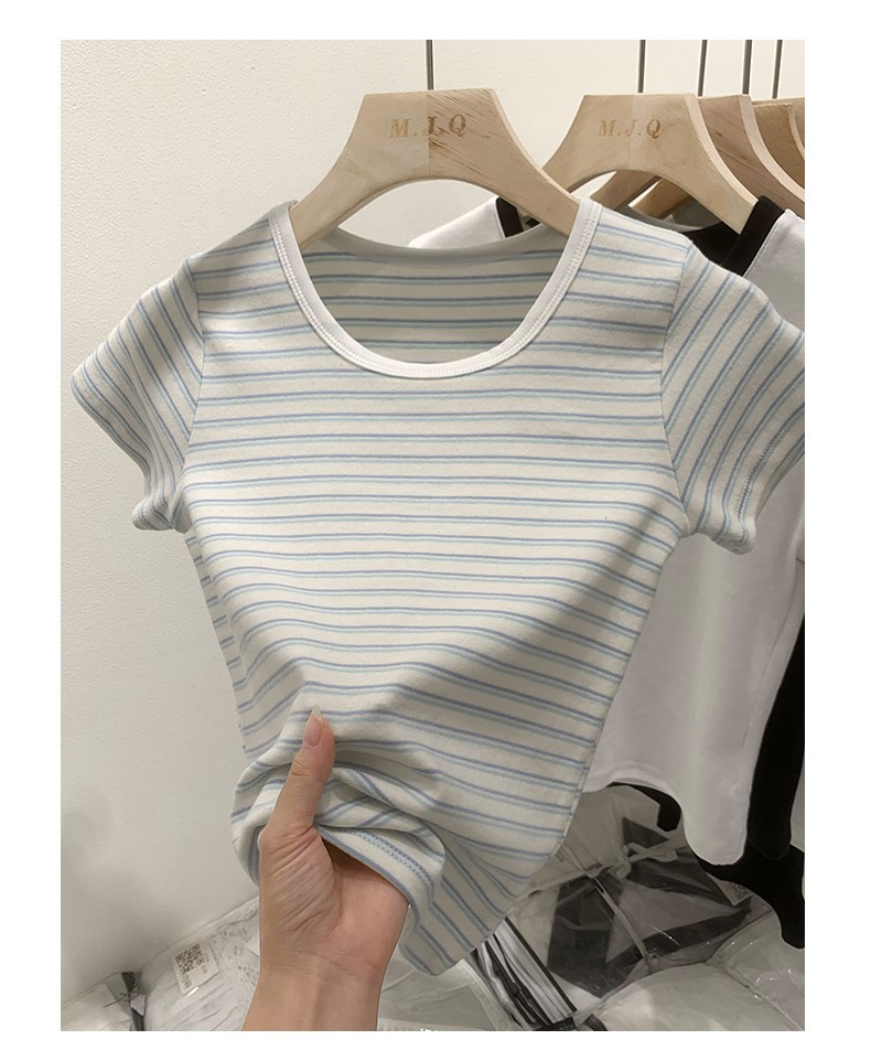Áo Thun Kẻ Sọc Cổ Tròn Dáng Ôm Ngắn Tay Thời Trang Mùa Hè Mỹ Cá Tính 64423