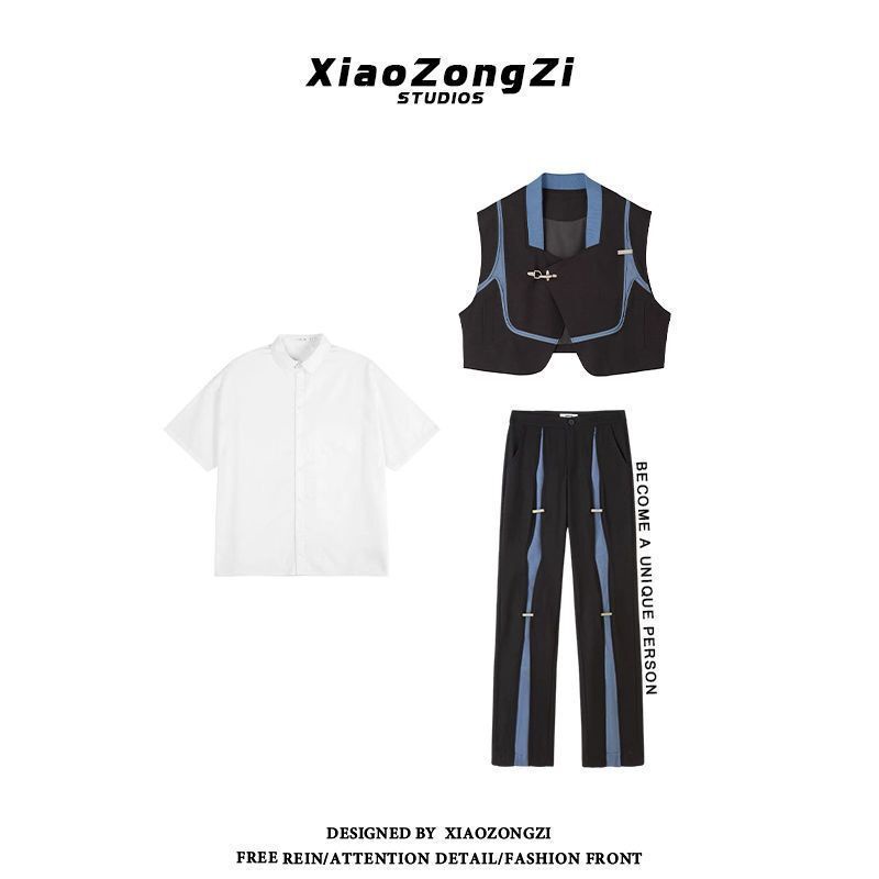 Set 3 món Áo Ghi Lê Vest+áo Sơ Mi Ngắn Tay+splice Casual Quần Mùa Hè Phù Hợp Với các  bạn cá tính