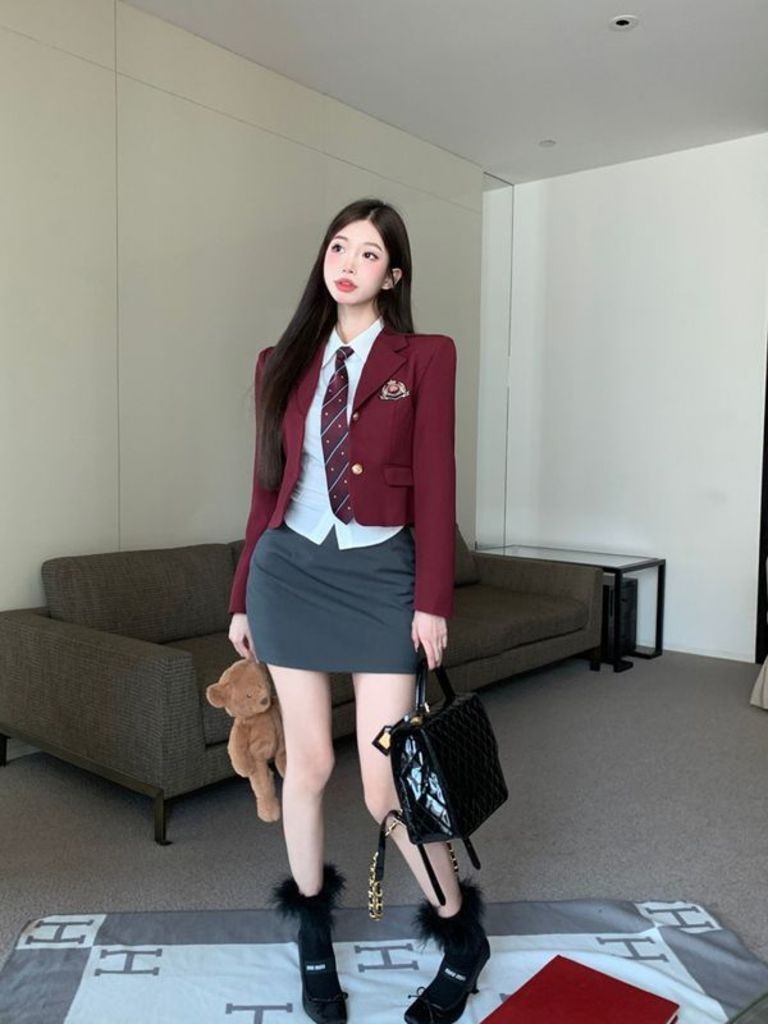 Set 3 Món Jk Đồng Phục Rượu Vang Đỏ Phù Hợp Với Áo Khoác Ngắn Cao Cấp Mix Sơ Mi Tay Áo Dài [hàng Oder]