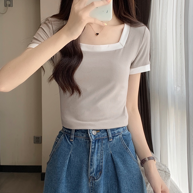Áo Thun Cổ Vuông Ngắn Tay Dáng Ôm Phối Màu Sắc Tương Phản Thời Trang Mùa Hè 63916