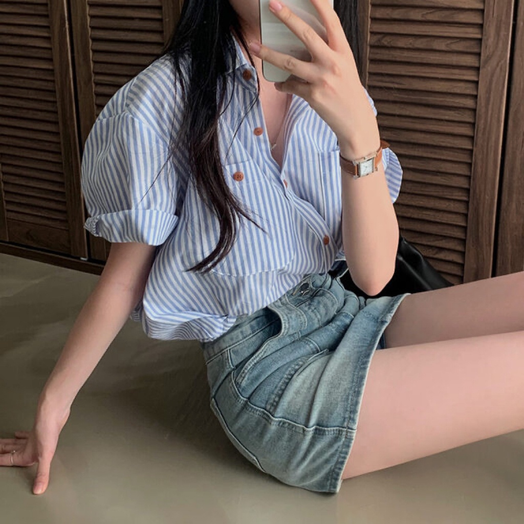 Áo Sơ Mi Kẻ Sọc Ngắn Tay Dáng Rộng Thời Trang Mùa Hè Dành Cho Nữ 66308