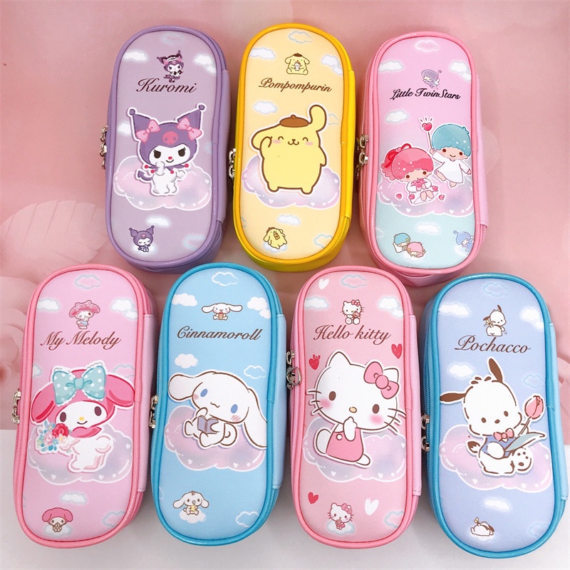 SANRIO Túi Đựng Bút Bằng Da PU Có Khóa Kéo In Hoạt Hình Kuromi Melody Dễ Thương Cho Bé