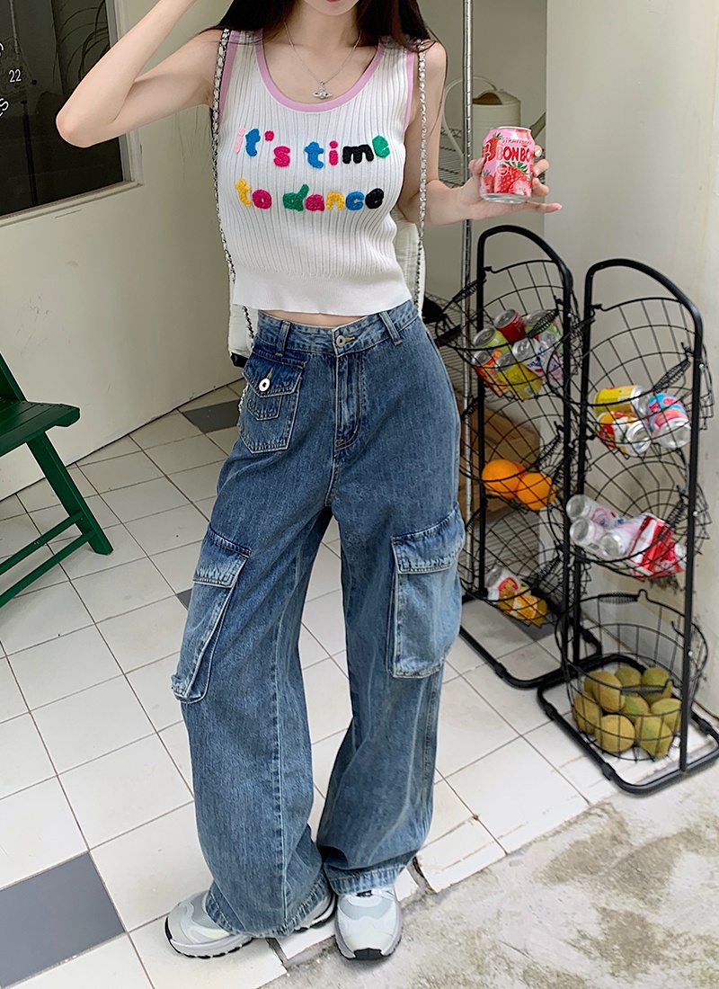 Áo Hai Dây Dệt Kim Ngắn / Quần Jean Ống Rộng Phong Cách Mới Mùa Hè 65886