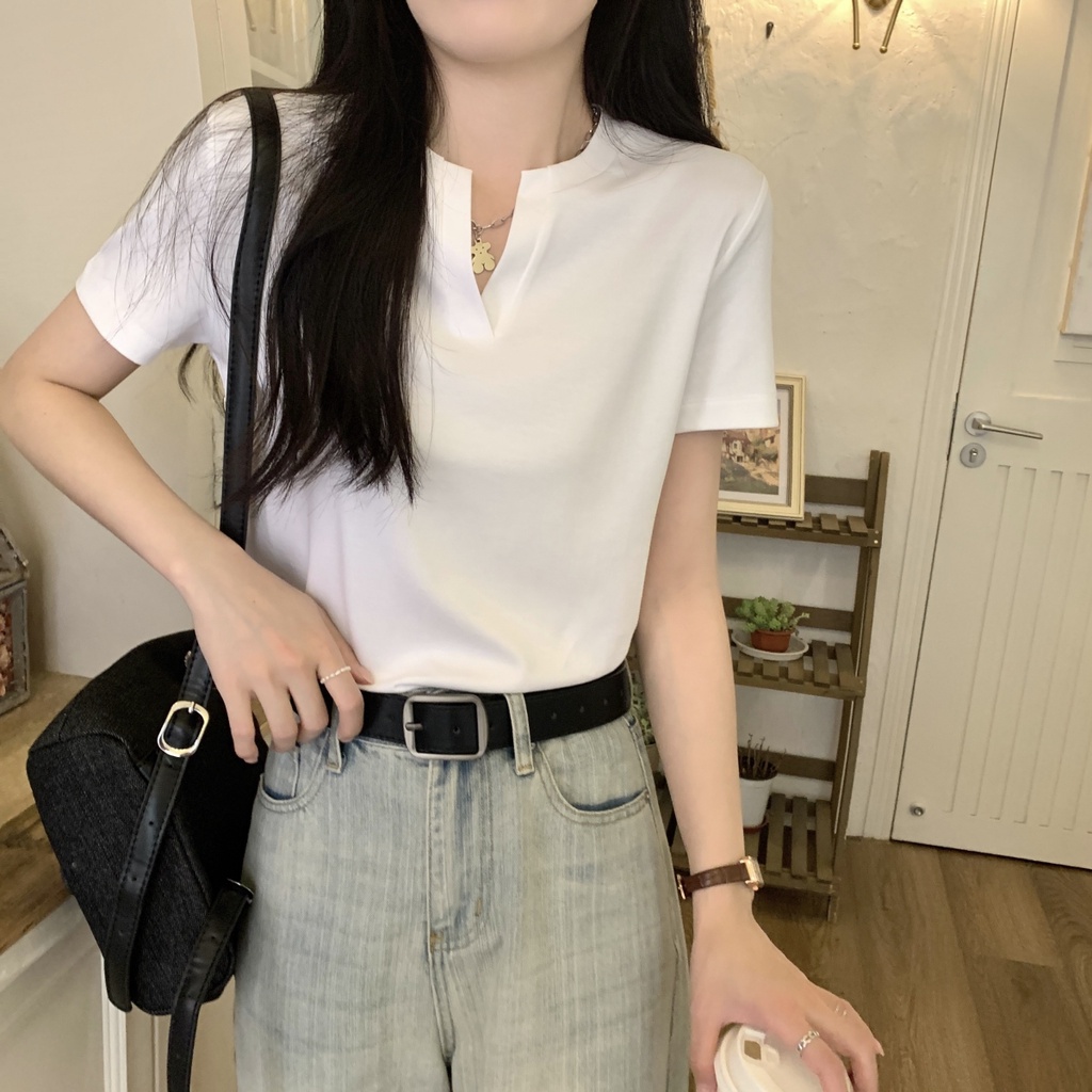 Áo Thun Cotton Ngắn Tay Cổ Nửa Phong Cách Hàn Quốc Đơn Giản Thời Trang Mùa Hè 66403