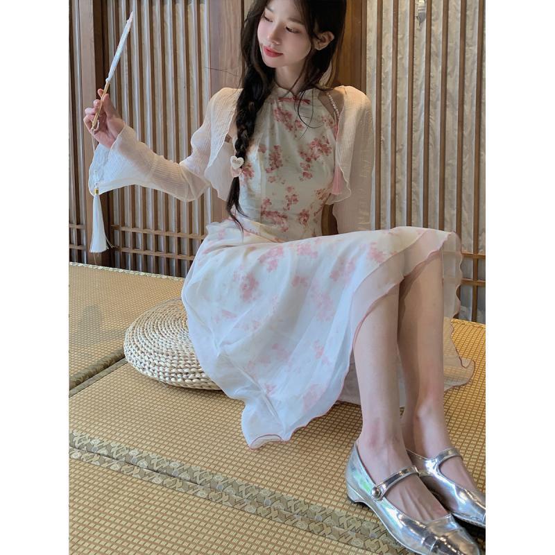 Set váy bạn thân phong cách cổ trang trung hoa, váy nữ hoa nhí