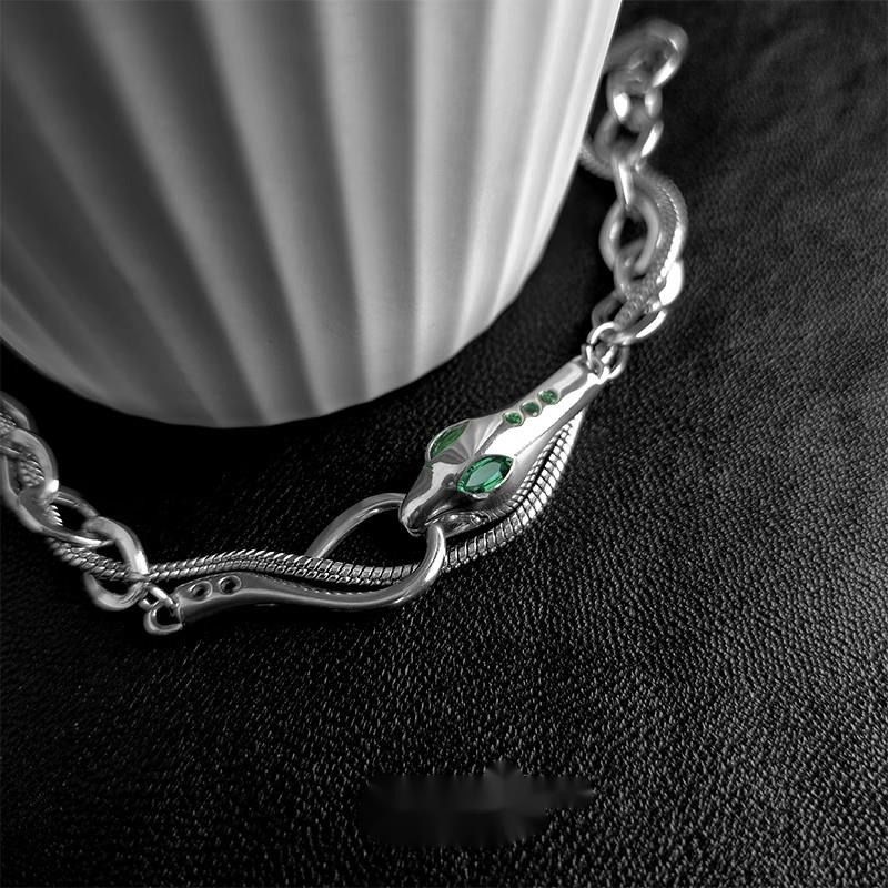 Vòng Tay Dây Xích Hai Lớp Mắt Rắn Màu Xanh Lá Phong Cách Hip Hop Đường Phố Cá Tính Thời Trang Niche