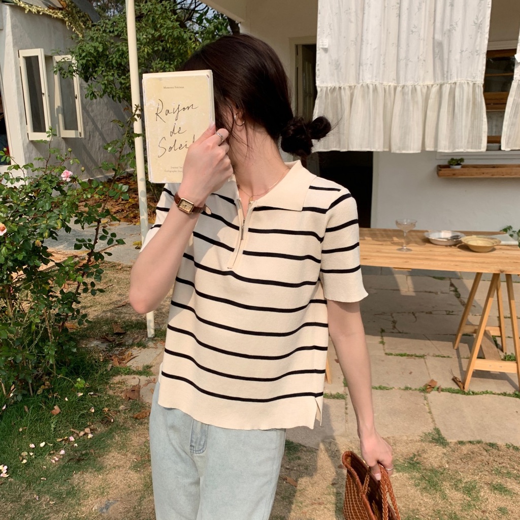 Áo polo Dệt Kim Kẻ Sọc Dáng Rộng Ngắn Tay Phối Khóa Kéo Thời Trang Mùa Xuân Hàn Quốc 62208