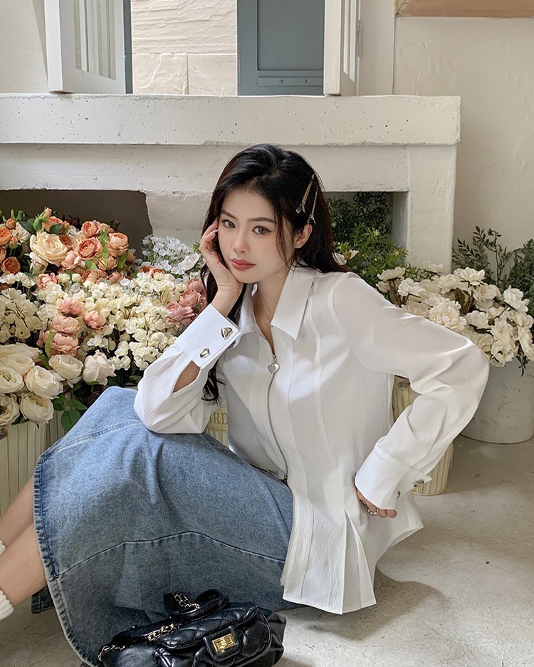 Áo Khoác Sơ Mi Khóa Kéo Đôi Tay Dài In Họa Tiết Trái Tim Thời Trang Xuân Hè Cho Nữ