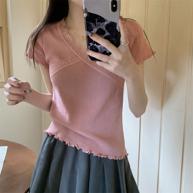 Áo Thun Nữ Cổ Chữ v Viền Ren Phong Cách Mới Mùa Hè 64030