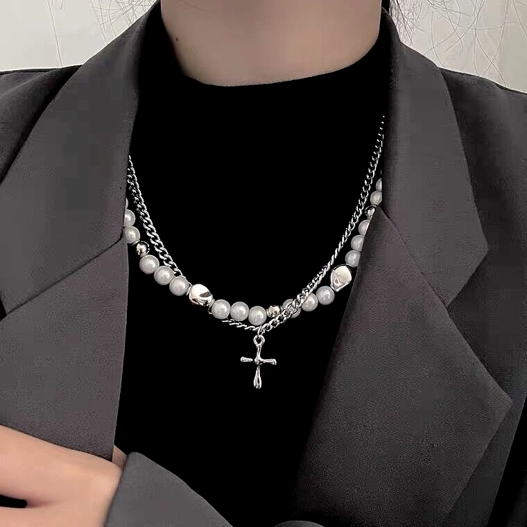 Vòng cổ Đôi Mặt Thánh Giá Đính Ngọc Trai Phong Cách Hip Hop Hàn Quốc