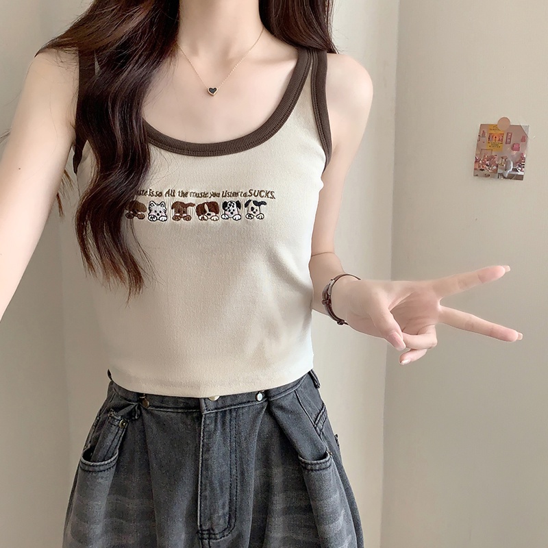 Áo Hai Dây Thêu Họa Tiết Màu Sắc Tương Phản Phong Cách Retro Mỹ 65110