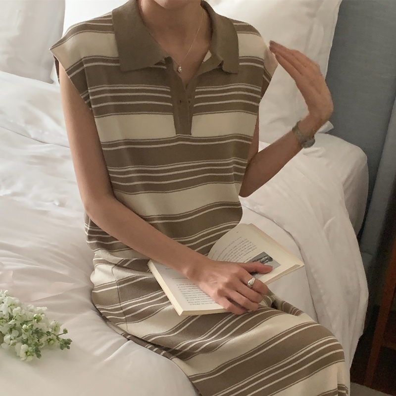 Đầm Dệt Kim Cổ Polo Dáng Dài Vừa Hoạ Tiết Kẻ Sọc Khoét Lưng 65298