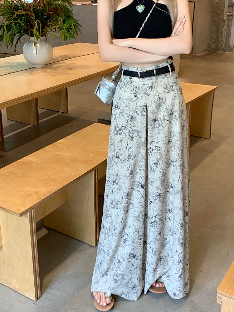 Quần Ống Rộng Lưng Cao In Hoa Phối Thắt Lưng Phong Cách Hàn Quốc Mới 64557