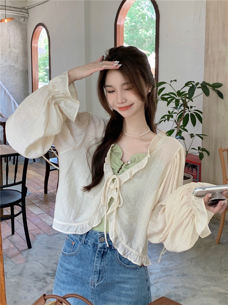 Bộ Áo Hai Dây + Áo Khoác Cardigan Chất Liệu Chiffon Chống Nắng Phong Cách Pháp Cổ Điển Thời Trang 647