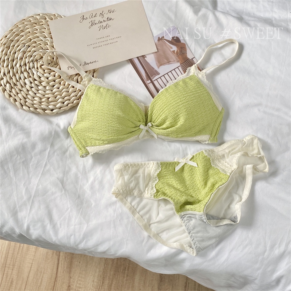 Set sexy nơ phụ nữ áo ngực ren + quần lót liền mạch thoải mái cúp mỏng cô gái thanh niên đồ lót không dây đẩy lên bralette đồ lót nữ