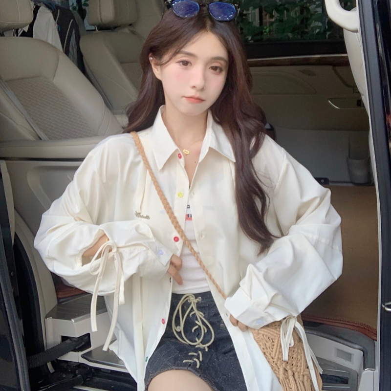 Misssumey nữ hàn quốc nút màu dài tay áo sơ mi ngoại cỡ