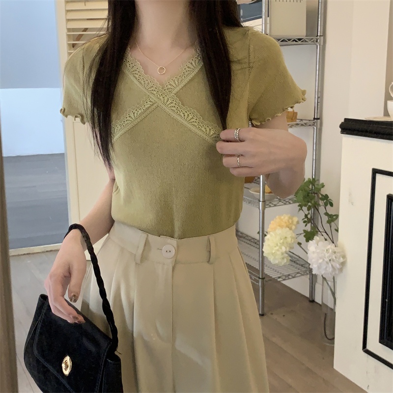 Áo Thun Nữ Cổ Chữ v Viền Ren Phong Cách Mới Mùa Hè 64030