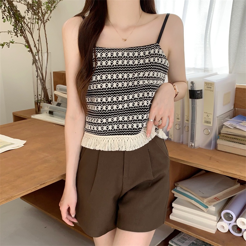 Mới Áo Dệt Kim Hai Dây Dáng Ngắn Phối Tua Rua Phong Cách Cổ Điển Dành Cho Nữ