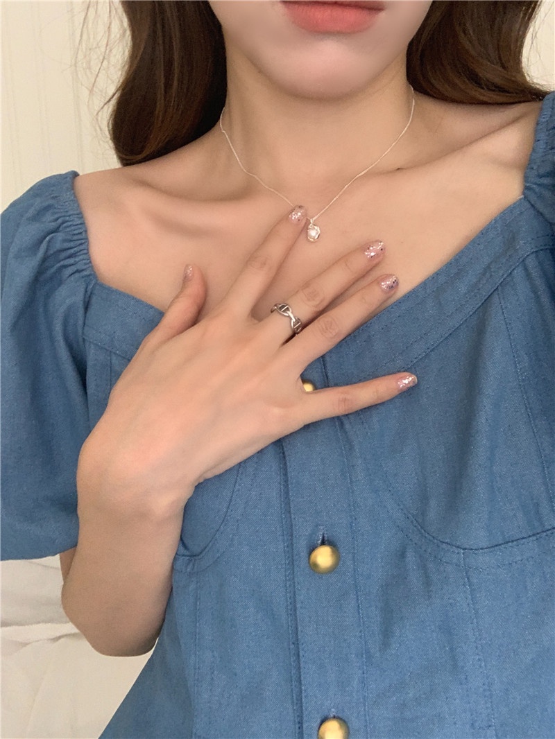 Áo Sơ Mi Denim Ngắn Tay Phồng Phối Nút Kim Loại 2 Màu Thời Trang Pháp Quý Phái 64898