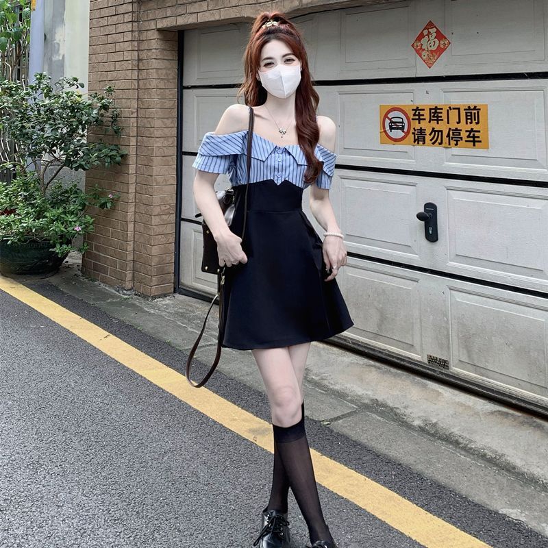 13 Lines Ryal Sister Váy sọc phng cách mùa hè dành ch nữ Váy hai mảnh giả gái nóng bỏng che bụng và đầm tre giảm